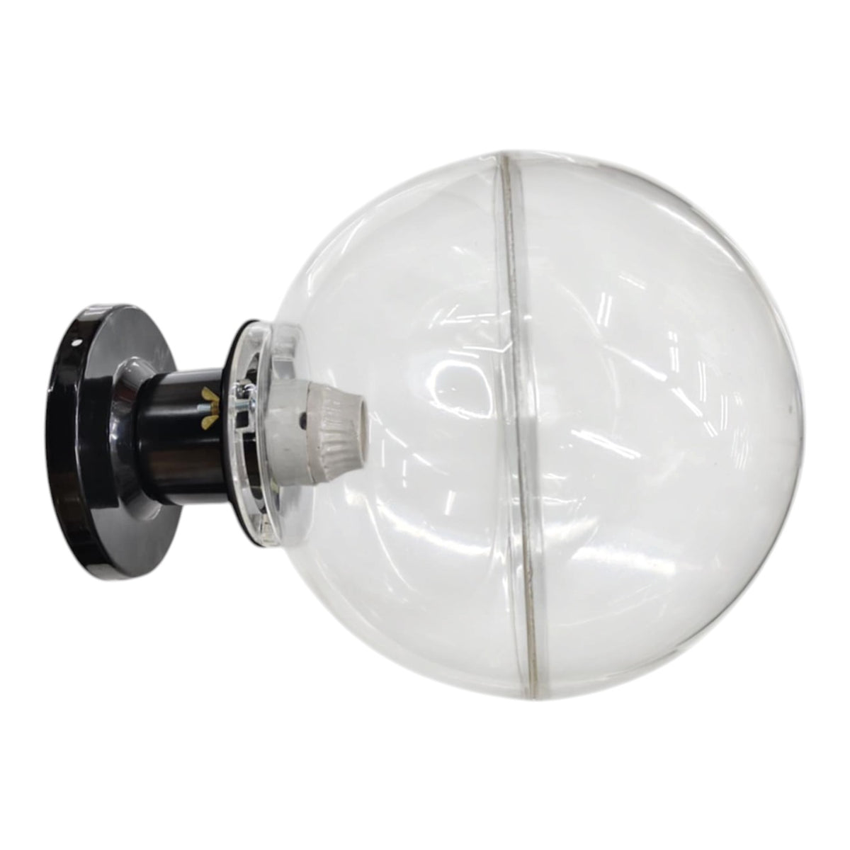 A clear spherical light diffuser or globe lamp with a black mounting base and a white internal reflector, shown against a plain white background.