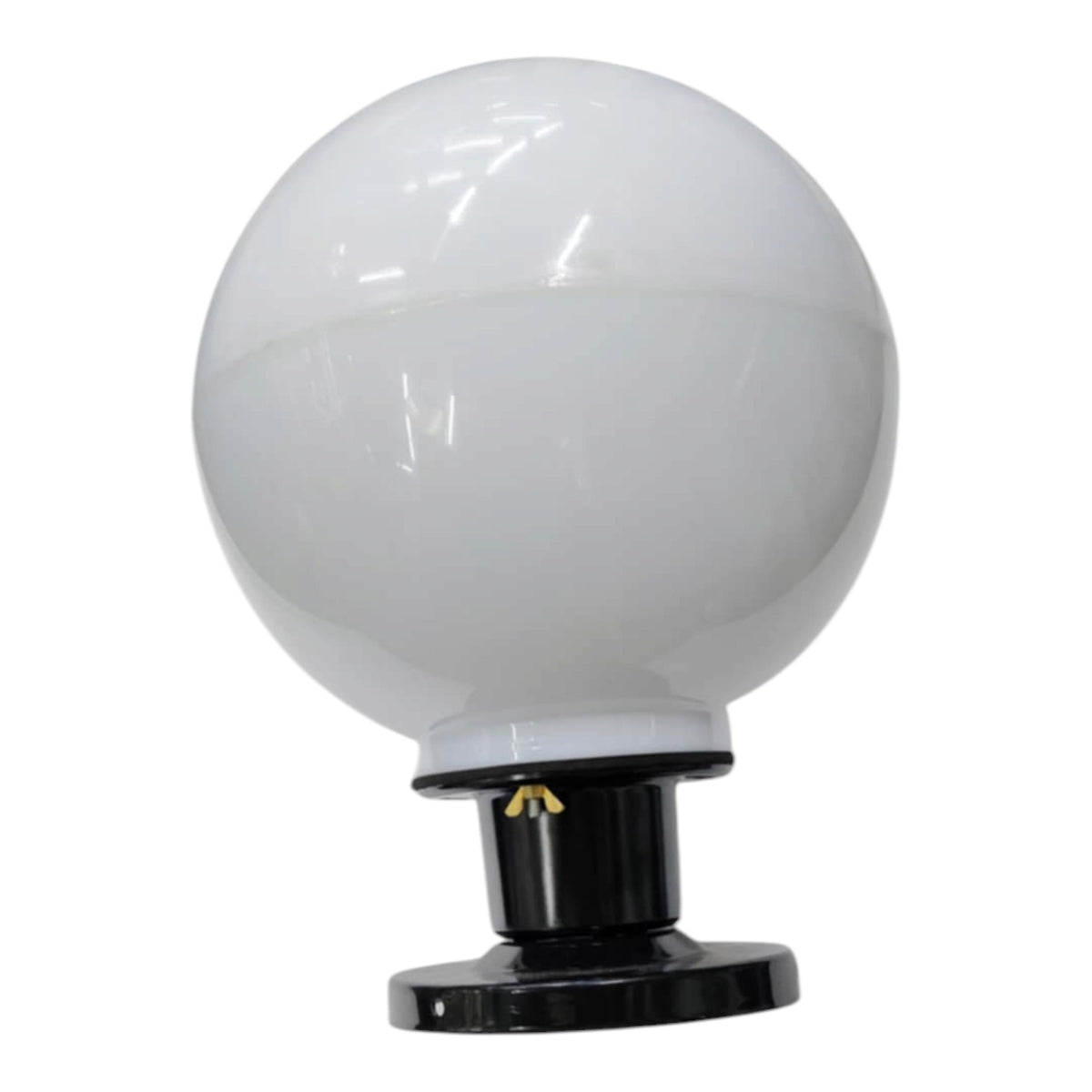 A spherical white outdoor light globe with a black base, shown against a plain white background.