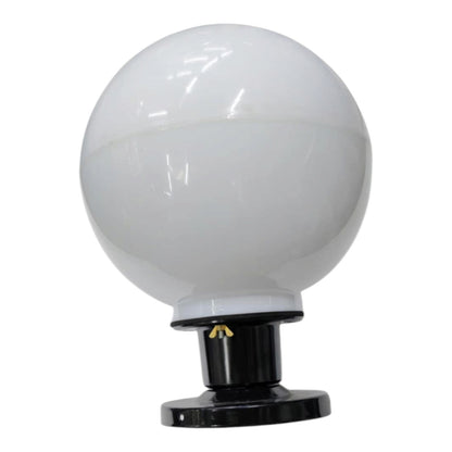 A spherical white outdoor light globe with a black base, shown against a plain white background.