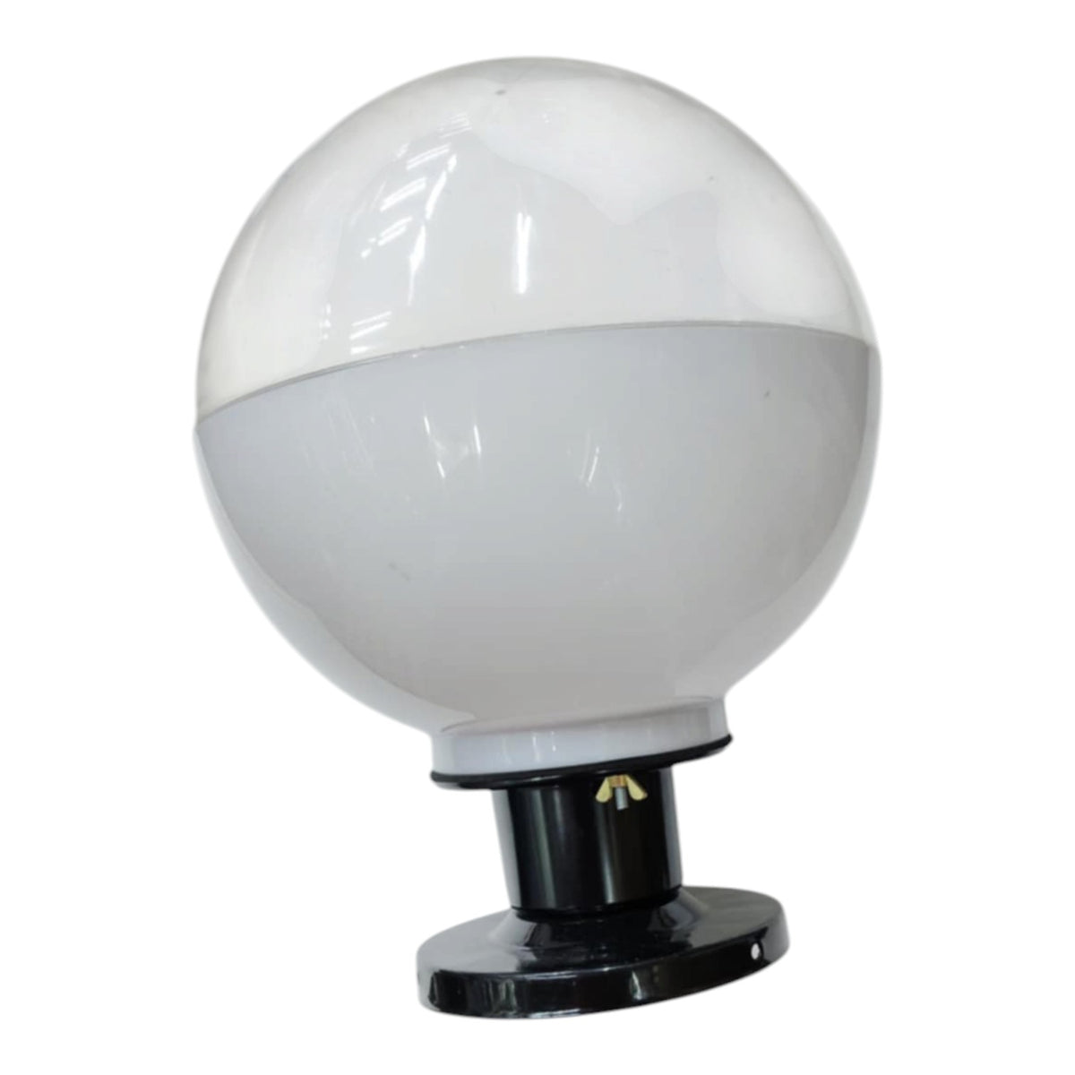 A spherical outdoor light fixture with a glossy white upper dome, a frosted white lower half, and a black base on a plain white background.