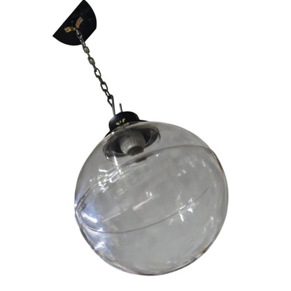 A large clear glass globe pendant light hanging from a black ceiling canopy and chain against a plain white background.