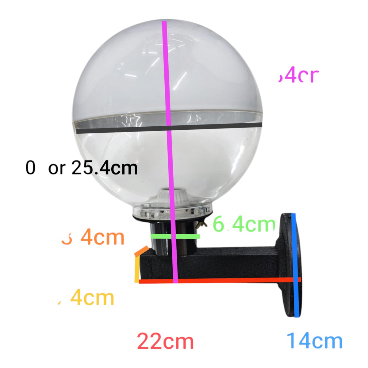 A clear spherical outdoor light fixture with a black wall mount, shown with overlaid dimension labels and colored measurement lines on a white background.