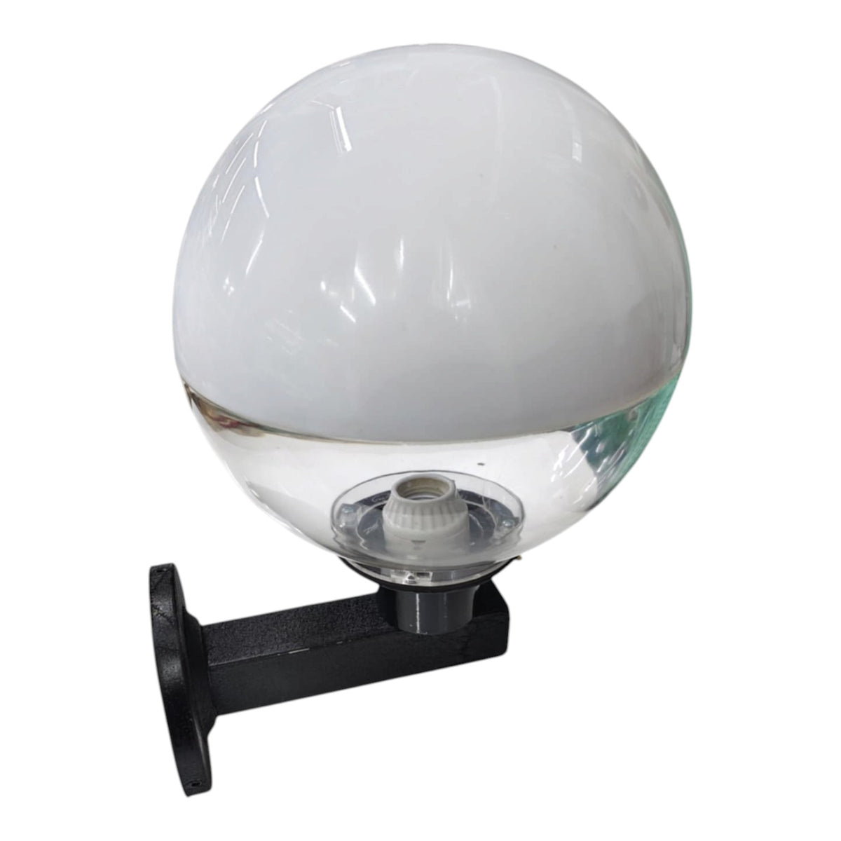 A spherical outdoor light fixture with a frosted white glass globe and a black metal mounting bracket, shown against a plain white background.