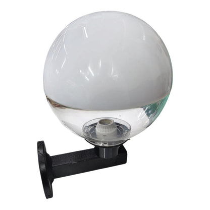 A spherical outdoor light fixture with a frosted white glass globe and a black metal mounting bracket, shown against a plain white background.