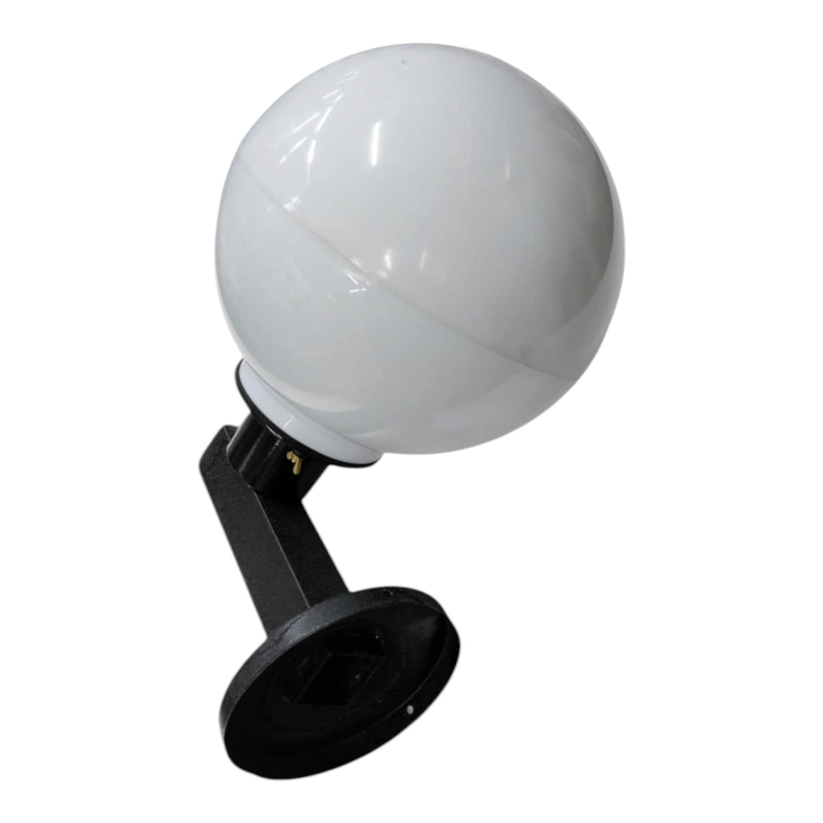 A spherical white globe light fixture with a black mounting bracket and circular base, shown against a plain white background.