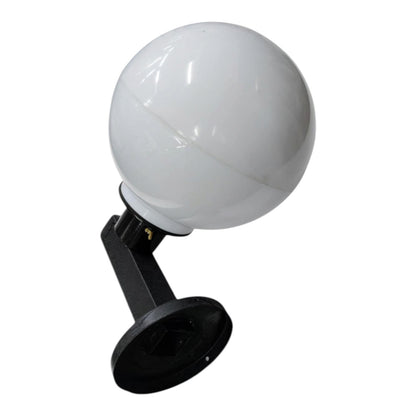A spherical white globe light fixture with a black mounting bracket and circular base, shown against a plain white background.