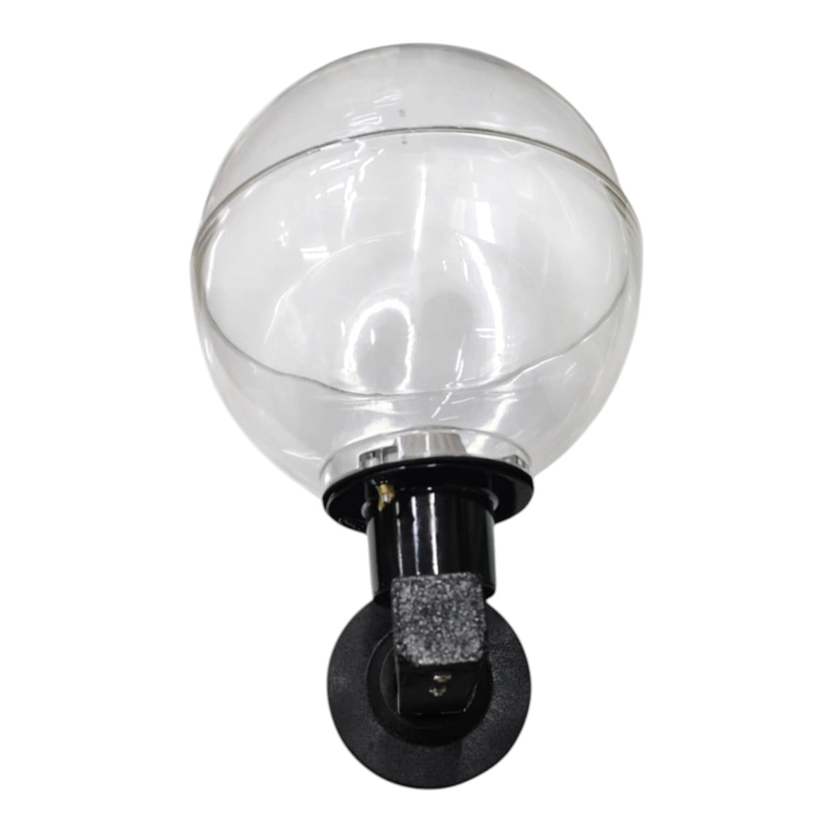 A clear glass globe solar light with a black metal mounting bracket and socket, shown against a plain white background.