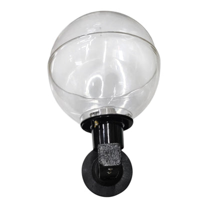 A clear glass globe solar light with a black metal mounting bracket and socket, shown against a plain white background.