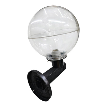 A clear glass globe light fixture with a black metal mounting bracket, shown against a plain white background.