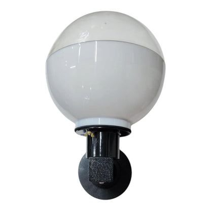 A spherical outdoor wall light fixture with a white frosted globe shade and a black metal mounting bracket, shown against a plain white background.