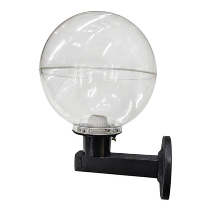 A clear glass globe outdoor wall light with a black metal mounting bracket and backplate, shown against a plain white background.