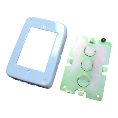 A light blue rectangular faceplate cover and a matching light green metal mounting bracket with three circular cutouts, shown on a plain white background.