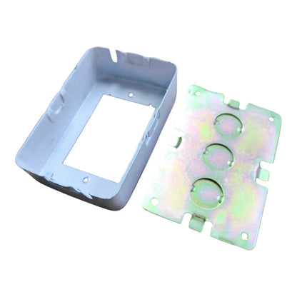 Metal electrical junction box components on a white background, featuring a rectangular metal box base and a matching square mounting plate with three circular openings.
