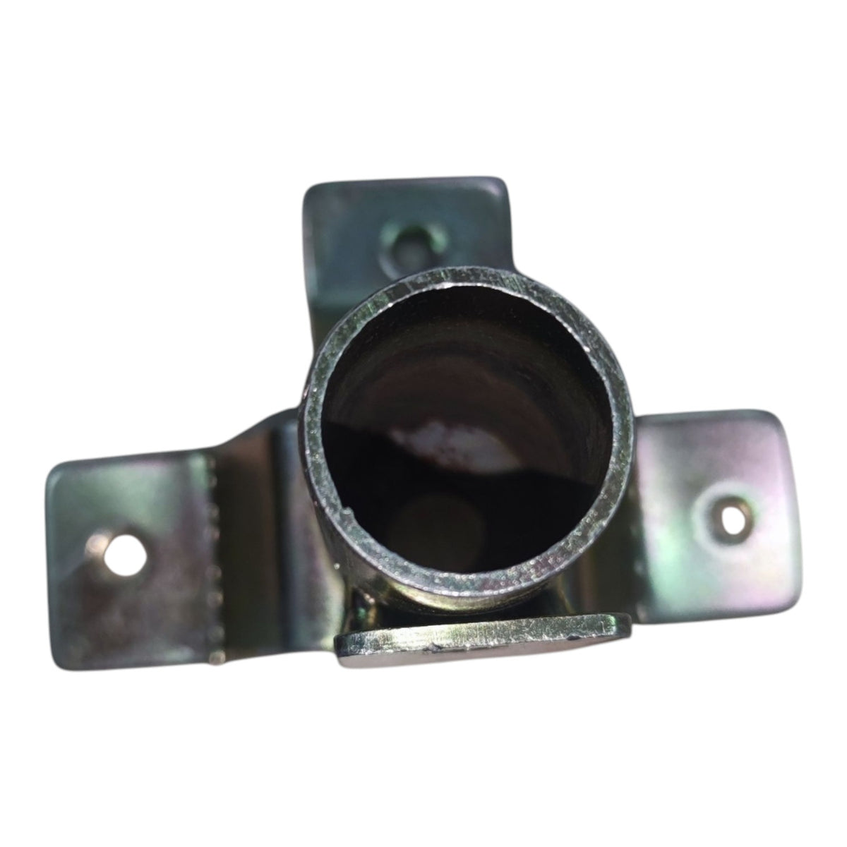 A galvanized steel pipe elbow fitting with three mounting brackets and pre-drilled screw holes, shown on a plain white background.