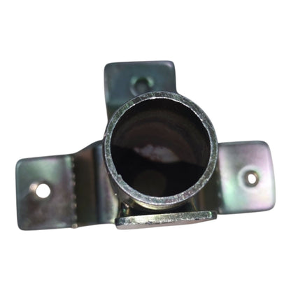A galvanized steel pipe elbow fitting with three mounting brackets and pre-drilled screw holes, shown on a plain white background.