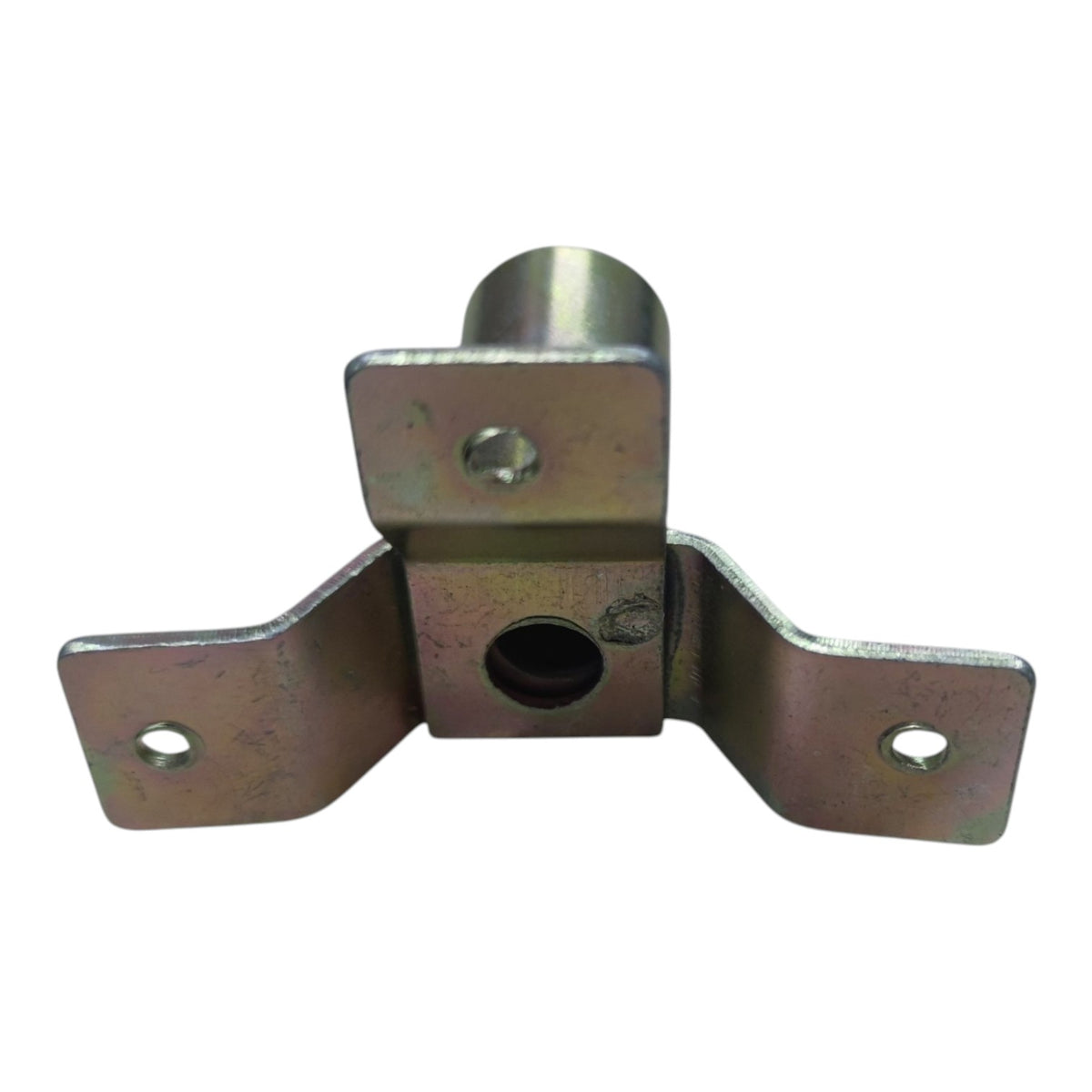 A galvanized steel metal bracket with three mounting flanges and a cylindrical pinhole, shown on a plain white background.