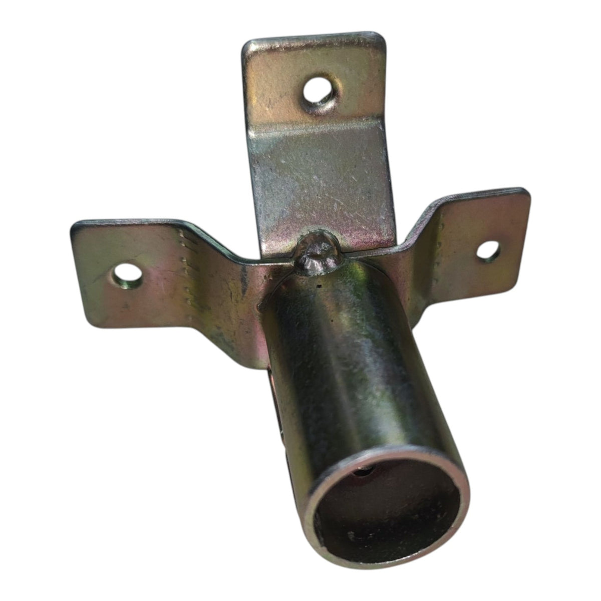 Galvanized steel mounting bracket with a cylindrical pipe sleeve, featuring two pre-drilled holes on the bracket flanges and a welded joint, shown on a plain white background.