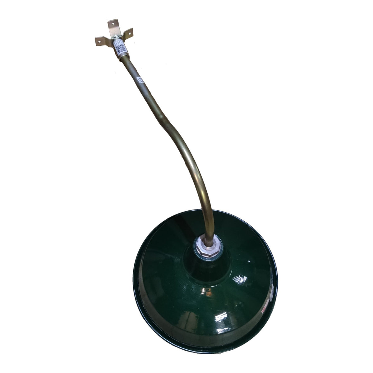 A vintage-style green dome lamp shade with a curved brass neck and a metal ground clip on a plain white background.