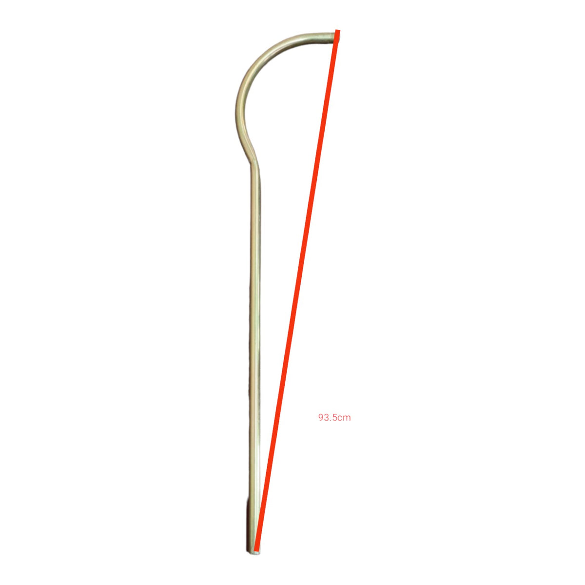 A curved metal cane or walking stick shown on a plain white background with a red measurement line and small text indicating 93.5 cm.