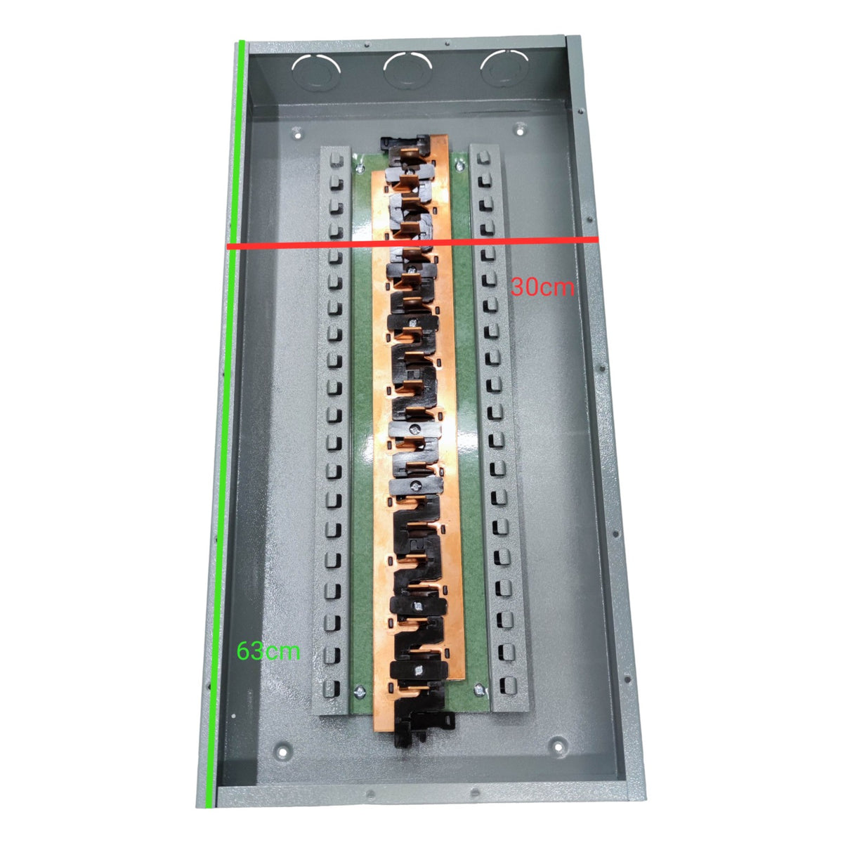 Metal electrical panel with cable routing and measurements on a white background