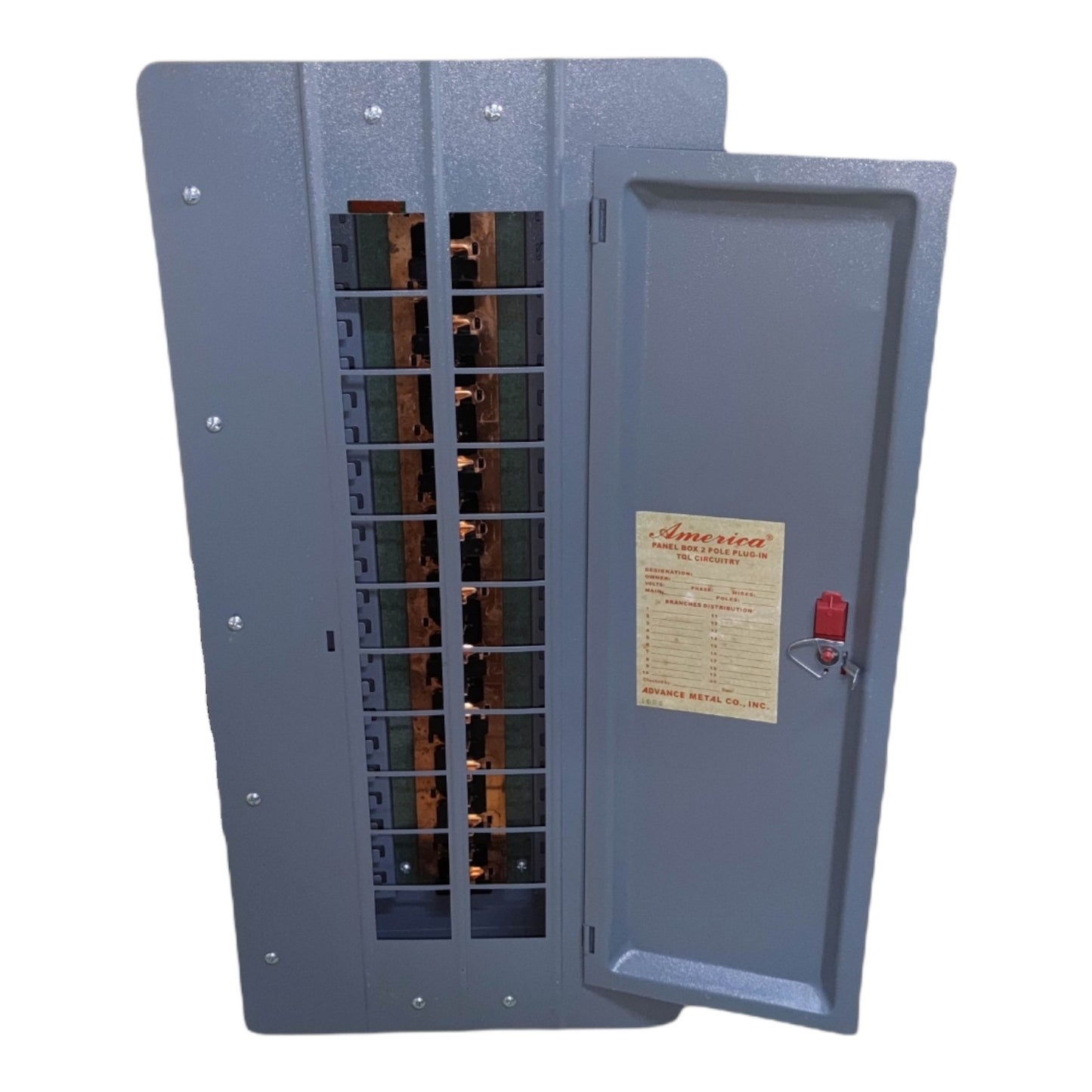 Electrical panel with open door showing wiring inside on a white background America 11X11 Panel Board 20 Branches Distribution Panel for 2 Pole Plug-In Circuit Breaker Side Mounted Main Flush Mounted Base Electx Electrical Supply