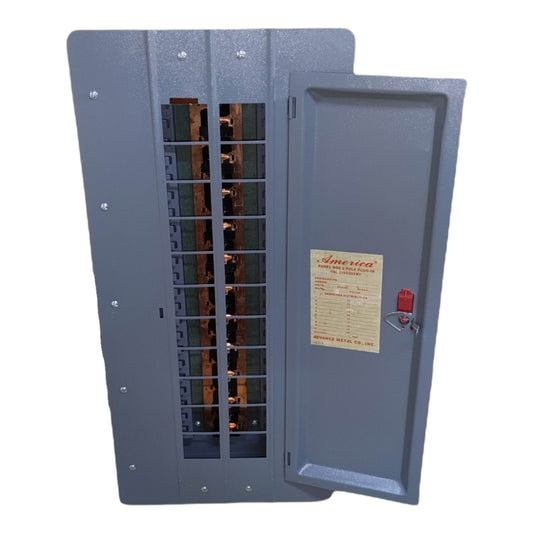 Electrical panel with open door showing wiring inside on a white background America 11X11 Panel Board 20 Branches Distribution Panel for 2 Pole Plug-In Circuit Breaker Side Mounted Main Flush Mounted Base Electx Electrical Supply