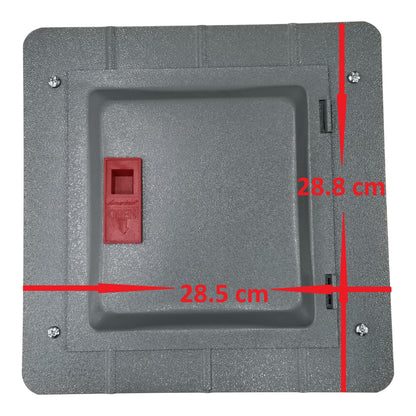 Gray plastic component with a red switch and measurements on a white background