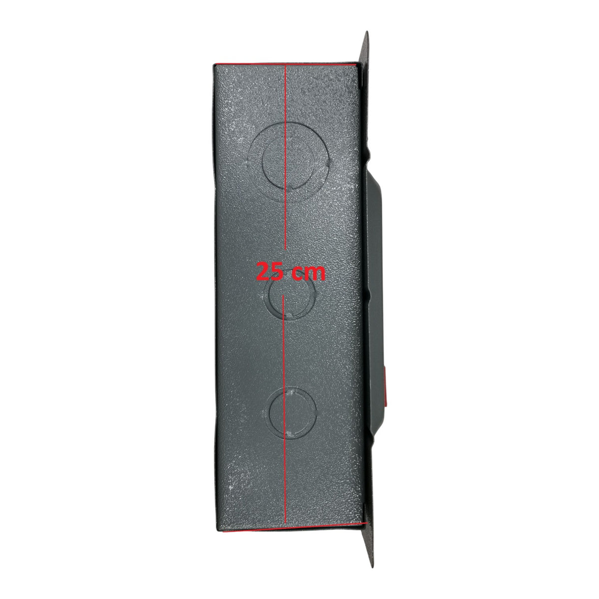 Black rectangular object with circular cutouts and a measurement label on a white background