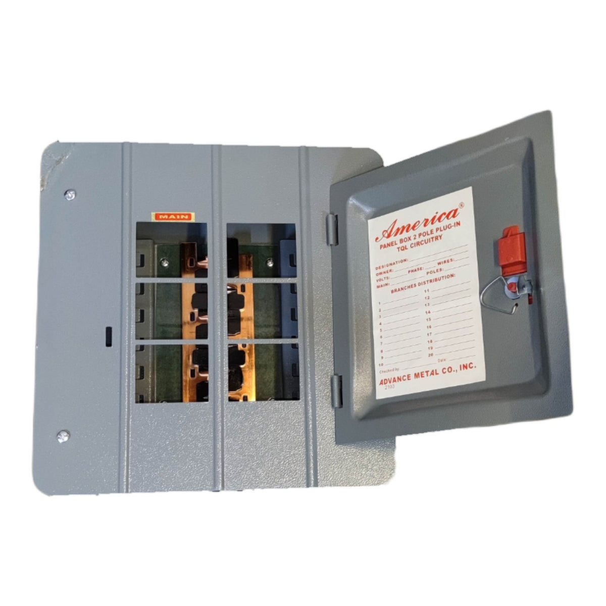 Metallic electrical panel with open door showing internal components on a white background