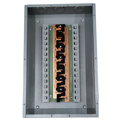 Metallic panel with electronic components on a white background America 7X7 Panel Boar 14 Holes Distribution Panel For 2 Pole Plug In Circuit Breaker 12 Branches Side Main