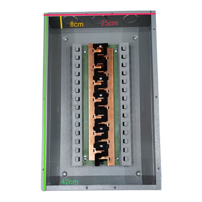 Rectangular metal component with measurement markings on a white background America 7X7 Panel Boar 14 Holes Distribution Panel For 2 Pole Plug In Circuit Breaker 12 Branches Side Main