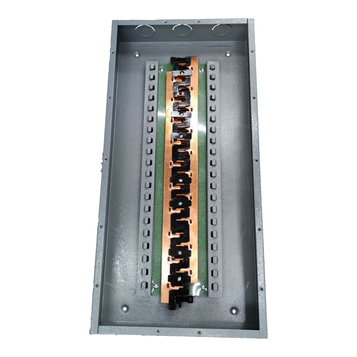 Metal electrical panel with copper busbars on a white background