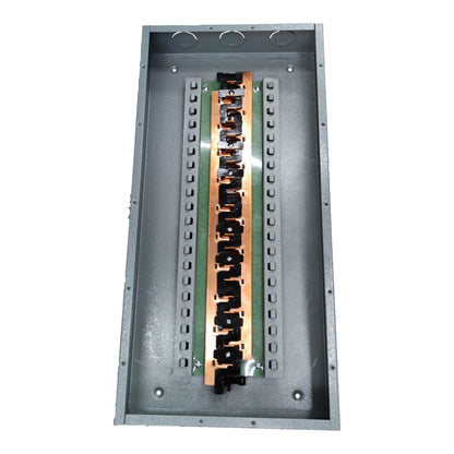 Metal electrical panel with copper busbars on a white background