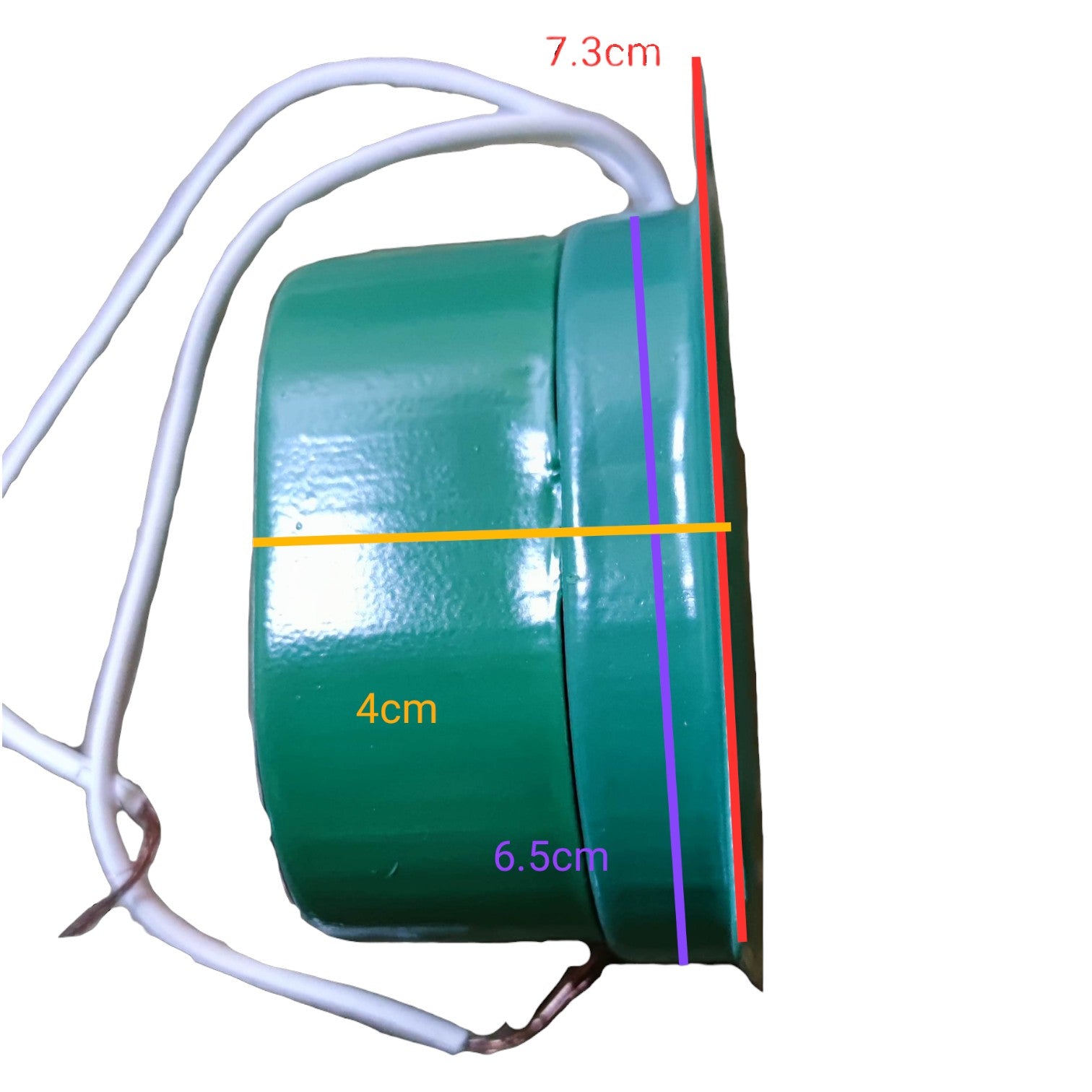 Green cylindrical component with white wires, measurements marked on a white background America Metallic Buzzer Oval Type Green 220V