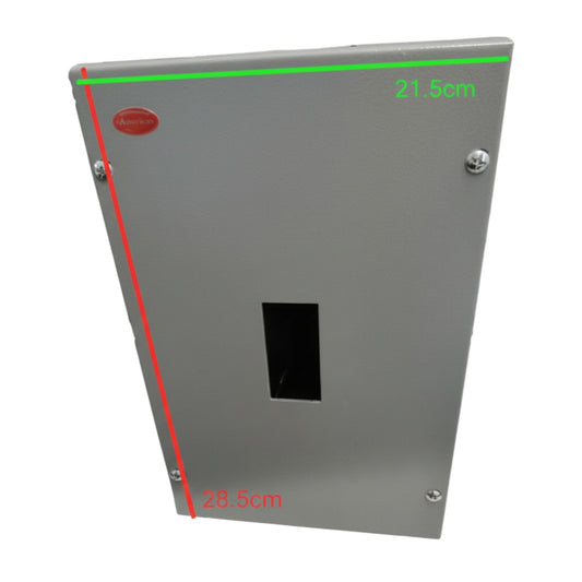 Metallic panel with dimensions and a brand logo on a white background America Nema 1 Circuit Breaker Enclosure For TQD Type 2 Pole Or 3 Pole Breaker Panel Board Single Breaker Electx Electrical Supply