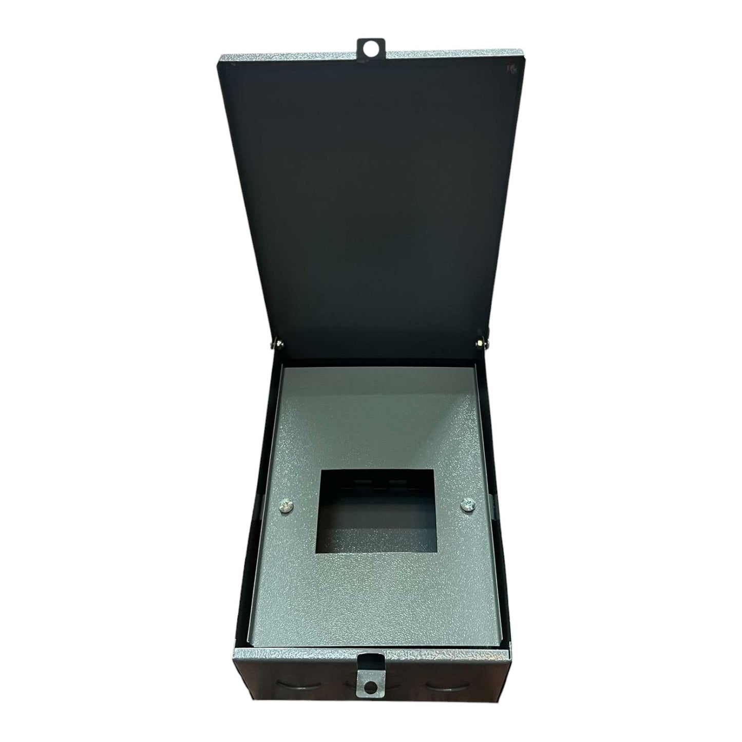 Black metal box with a hinged lid on a white background