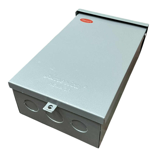 Metallic box with a hinged lid on a white background