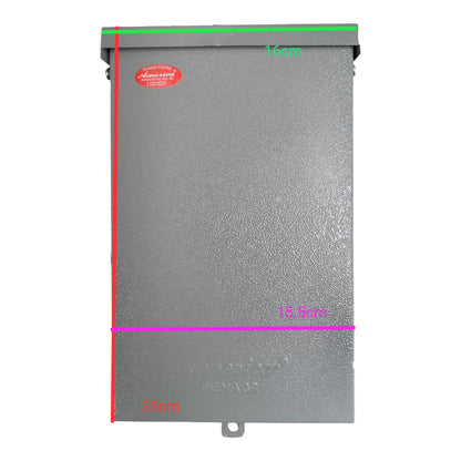 Gray metal box with dimensions marked on a white background