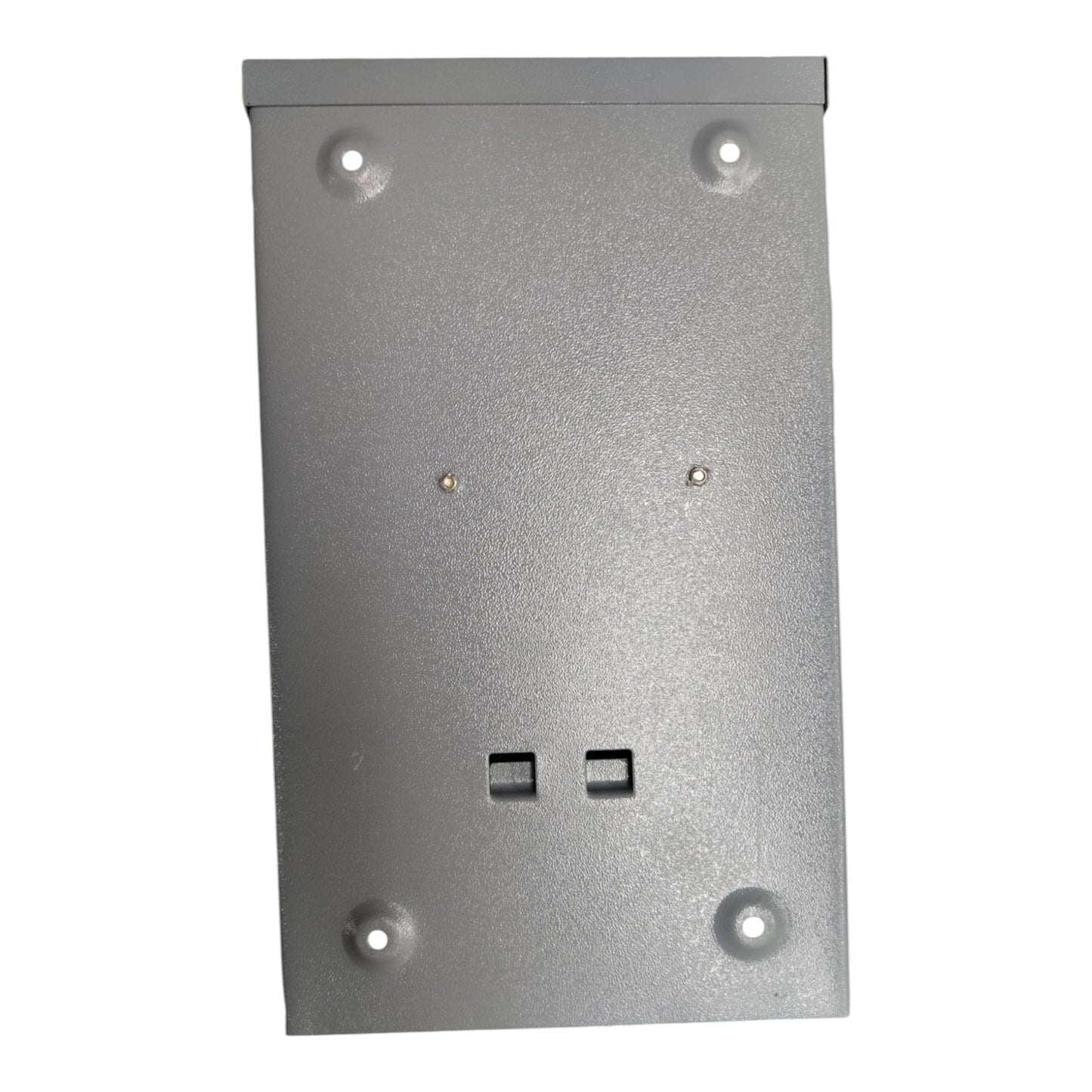 Metallic rectangular panel with two small square holes on a white background