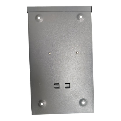 Metallic rectangular panel with two small square holes on a white background