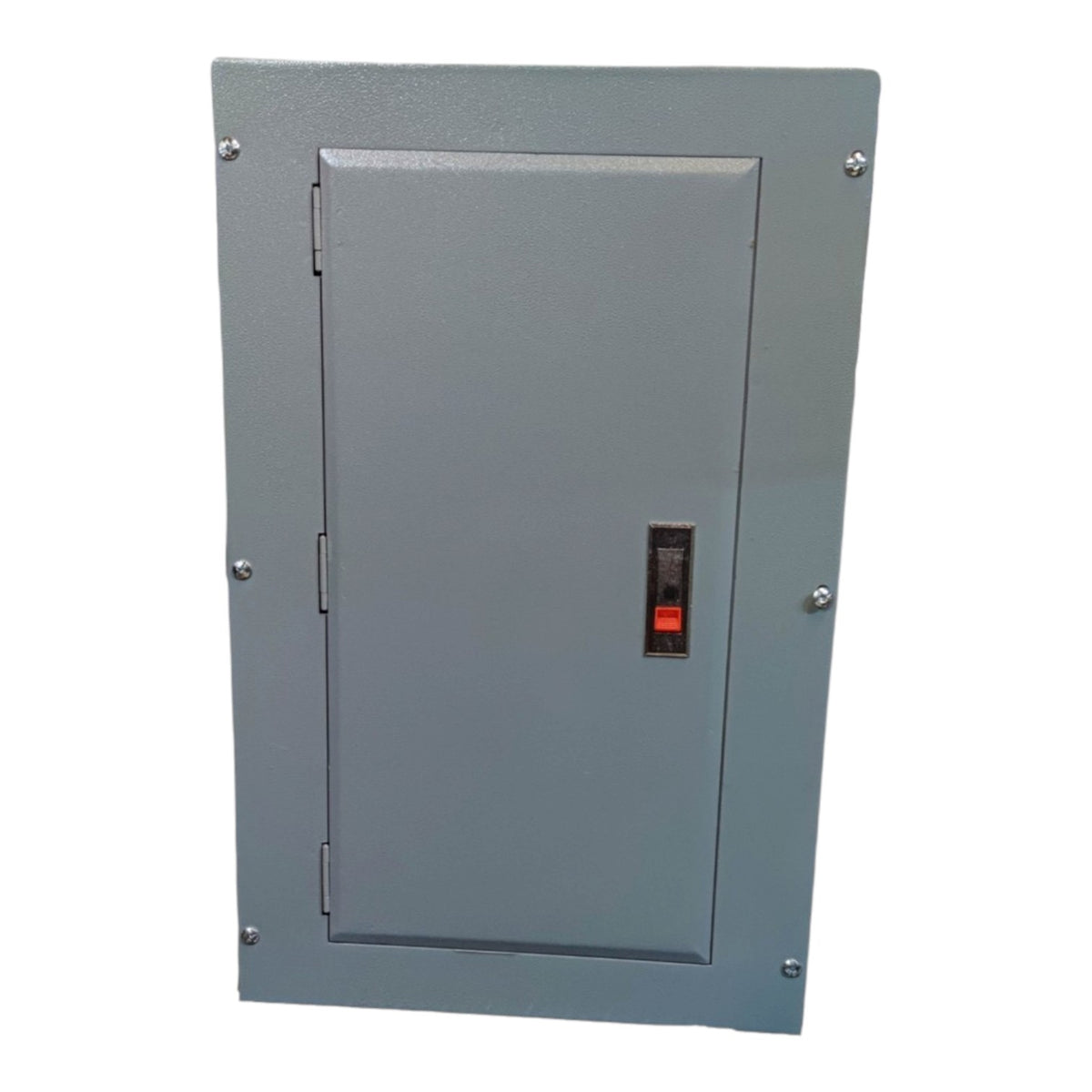 A gray metal electrical panel or utility box with a hinged door, secured with corner screws, featuring a small red and black switch on the front door.