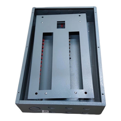 A gray metal electrical panel or junction box with a red switch, shown on a plain white background.