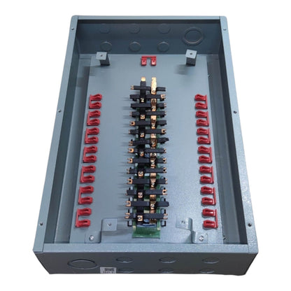 An open metal electrical distribution panel showing internal busbars, terminal blocks, and red contact elements on a plain white background.