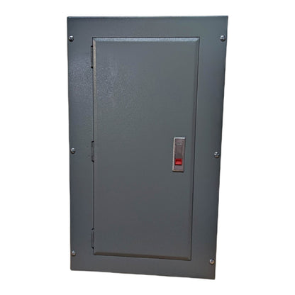 A gray metal electrical panel or utility box with a hinged door, secured with corner screws, featuring a small red and silver handle on the front.