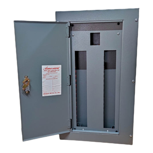 A gray metal electrical panel box with the door open, showing the interior compartments and a white Amesten label on the door, isolated on a white background.