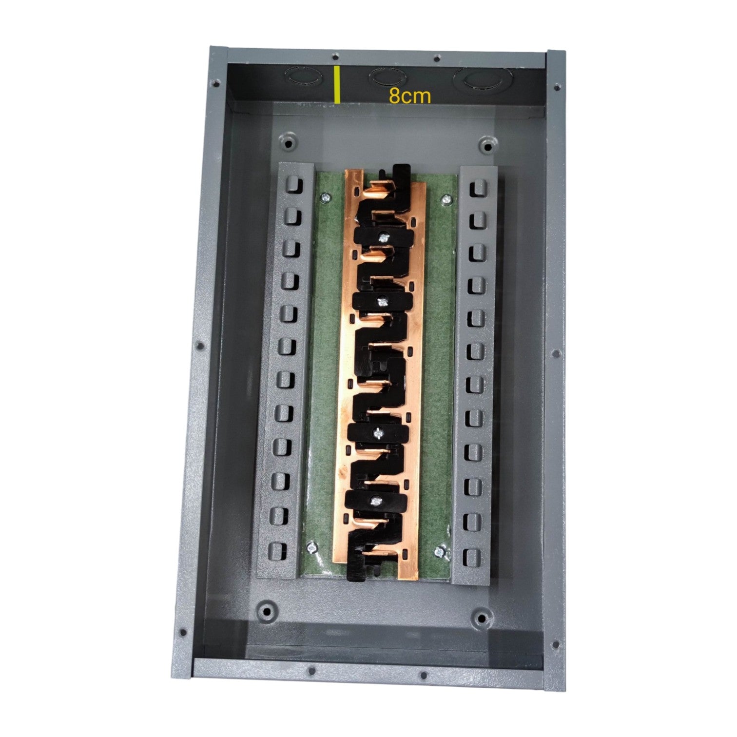 Metallic component with a copper plate and green material inside a gray frame on a white background America Panel Board 6X6 For 2 Pole Plug In Circuit Breaker Side Main 12 Holes Distribution Panel 10 Branches Flush Mounted Electx Electrical Supply