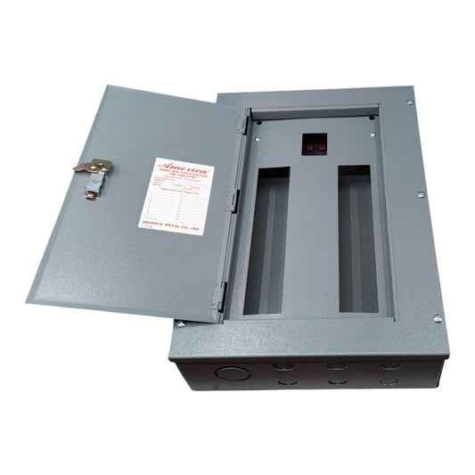 Gray electrical panel with open cover on a white background America Panel Board Center 12 Branches Main for 2 Pole Bolt On Circuit Breakers Surface type or Flush Type Mounting Electx Electrical Supply