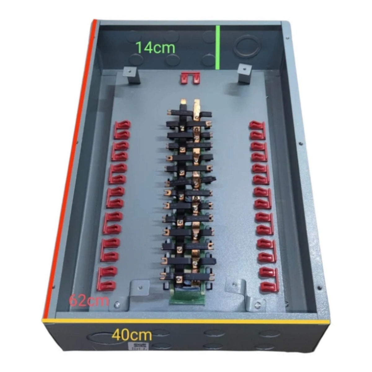An industrial electrical distribution panel or busbar box shown from above, with dimension labels indicating 14cm, 62cm, 40cm, and 62cm on a white background.