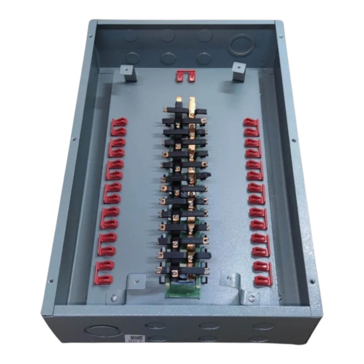 A large industrial electrical distribution panel or switch cabinet shown from a top-down perspective, featuring a gray metal enclosure with a central column of black and copper terminal blocks and red terminal rings on both sides.