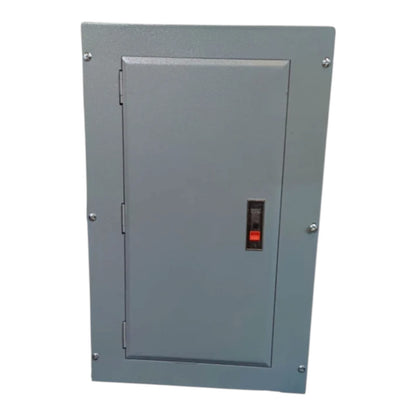 A gray metal electrical panel or utility box with a hinged door, secured with screws, featuring a small red and black switch on the front.